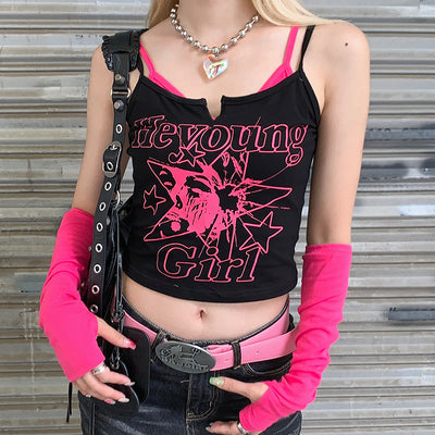 Y2K Millennial Hot Girl Style Star Elements Letter Clash Color Printing Suspenders Fake Two Pieces Personality Design Bottoming Tank Top