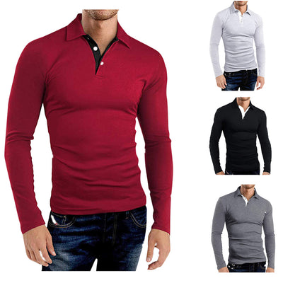 Men's Long-sleeved Solid Color Lapel T-shirt Men
