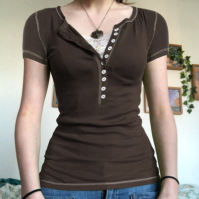 V-neck Open Line Lace Panel Short Sleeve Slim T-shirt