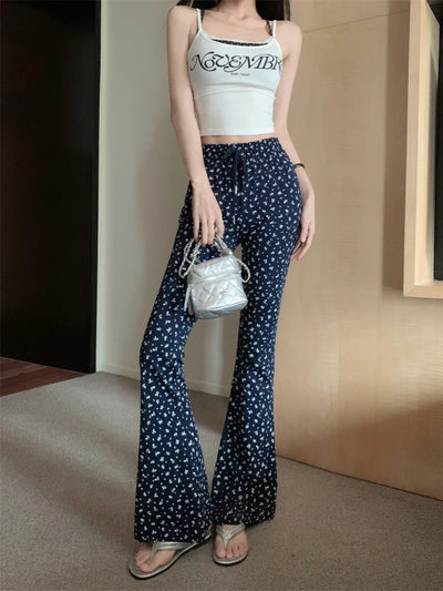 N2 Vintage Floral Casual Bootleg Pants Women's Summer High Waist Slim Fit Straight Drooping Mop Trousers