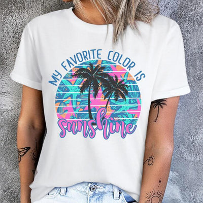 European And American Coconut Tree 3D Digital Printing Casual Round Neck Short Sleeves T-shirt