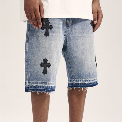 Embroidered Raw Edge Tide Brand Summer Casual Denim Shorts For Men