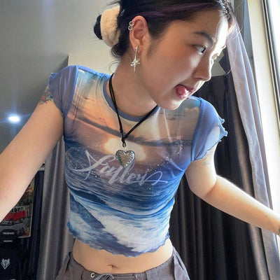 Summer New Personalized Printed Mesh See-through Sexy Tight-fitting Umbilical Cord T-shirt Top