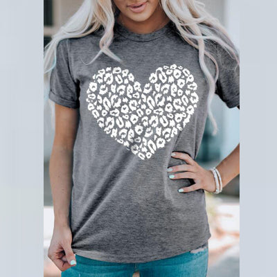 European And American Gray Leopard Print Heart Printing Casual Round Neck Short Sleeves