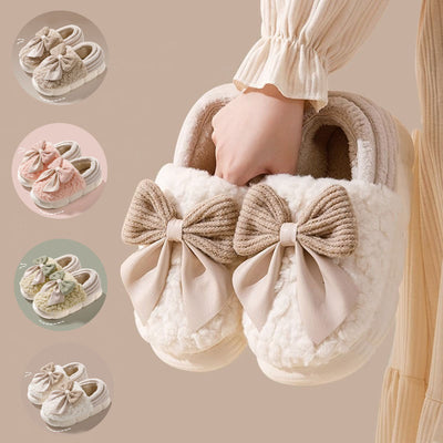 Big Bow-knot Fluffy Slippers Winter Warm Covered Heel Cotton Shoes Fashion Thick-soled Platform Slippers Indoor And Outdoor Garden Walking Shoes