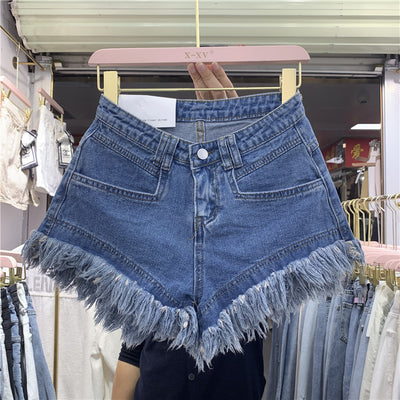Fringed Frayed Denim Shorts Women Summer Thin High-waisted Wide-leg Pants