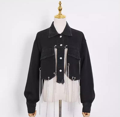 Short Frayed Denim Jacket Women Chain Fashion Style