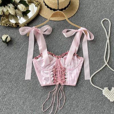 Drawstring Lace Up Hollow Short Bra Strap Top