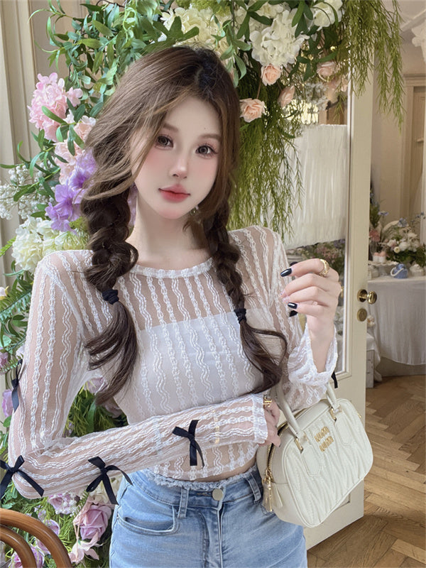 N11  Pure Desire Sexy round Neck Hollow Bow Pullover Long Sleeve Sun Protection T-shirt Women