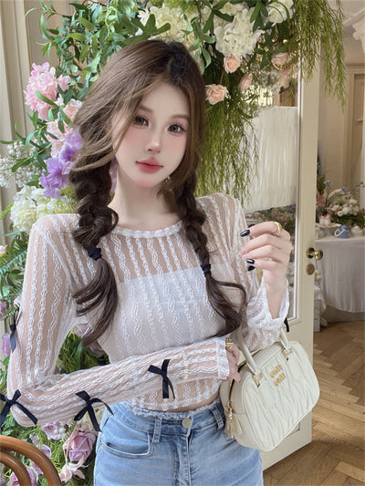 N11  Pure Desire Sexy round Neck Hollow Bow Pullover Long Sleeve Sun Protection T-shirt Women