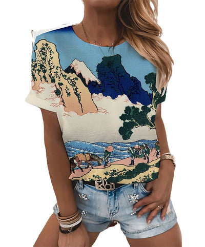 Peacock Landscape Printing Casual Short-sleeved Round Neck T-shirt
