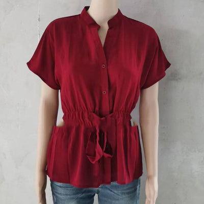 European And American Stand Collar Pleating Lacing Chiffon Batwing Short Sleeve Women's Shirt