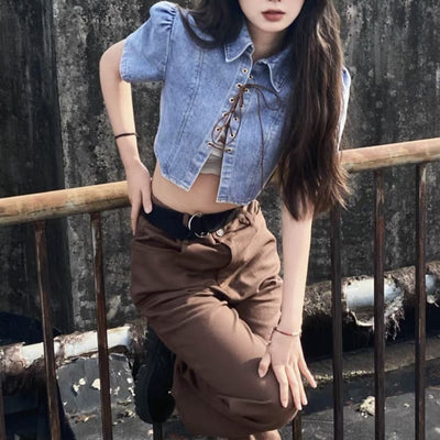 Denim Tie Up Shirt For Women With Loose Short Sleeves