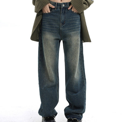 Waisted Straight Tube Retro Jeans With Loose Fitting Wide Leg High Street Mop Pants