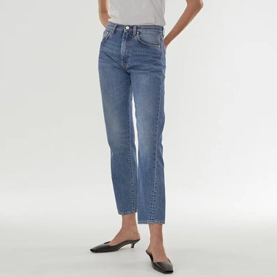 European And American High Waist Stretch Twisted Straight Cropped Jeans