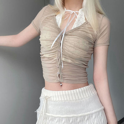 Summer Light And Slightly Transparent Pleated Lace T-shirt