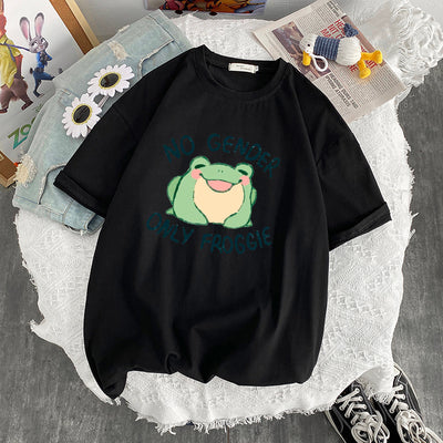Frog Print Round Neck Loose Men's And Women's T-shirt