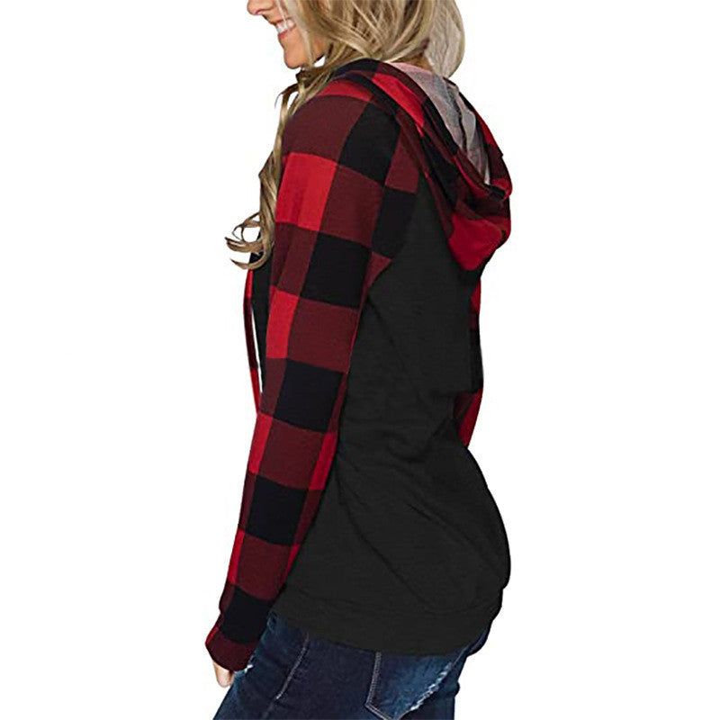 Women's Long-sleeved Color Matching Casual Plaid Hooded T-shirt