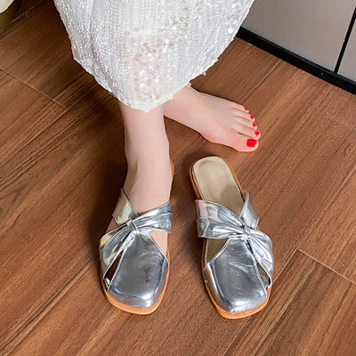 Fashion Square-toe Closed-toe Slippers For Women Summer Comfortable Flat Sandals Lazy One-step Half-slip Shoes
