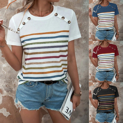 Women's Summer Stripes Printed Stitching Button Short-sleeved Casual Top
