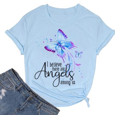 European And American Butterfly Print Casual Round Neck Short Sleeves T-shirt