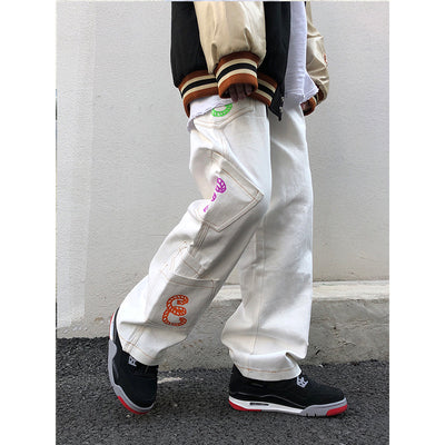 Letter Embroidery Personality All-match Black Jeans Men And Women Loose Wide-leg Pants Hip-hop Mopping Pants Trousers