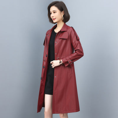 New Women Leather Trench Spring Turn-down Collar Solid Color Drawstring Loose Long Sheepskin Coat