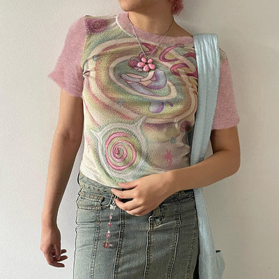 Sweet Girl Pink Dopamine Features Printed Plunge Sleeve T-shirt Summer Round Neck Collar Collision Color Basic Tops