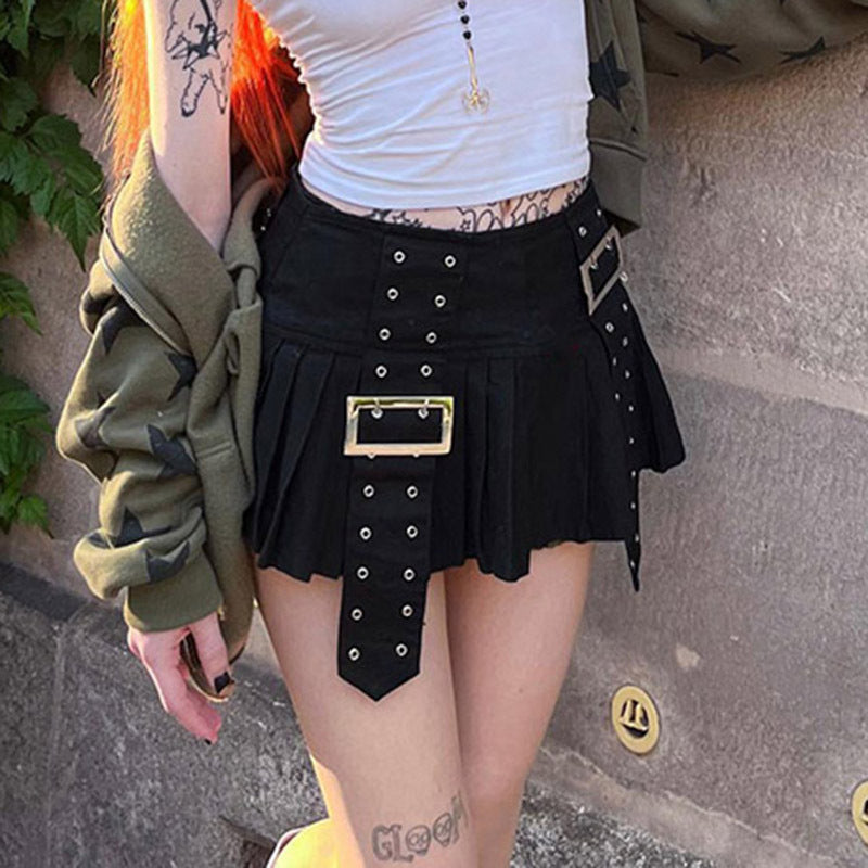 American Heavy Industry Design Pleated Skirt Japanese Buckle Stitching Low Waist A- Line Style