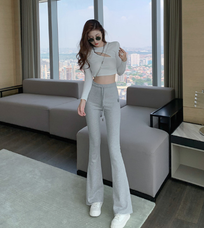 X249  Pants gray women's spring and autumn elastic waist thin casual sports pants