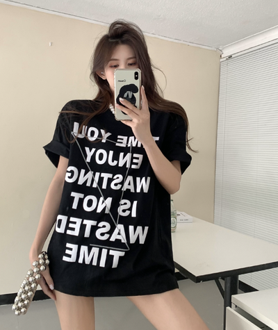 X307  printing loose cotton mid-length short-sleeved T-shirt ins top tide