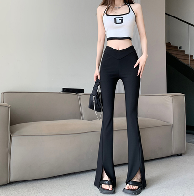 X326 spring and summer new pants high-waisted V-waist black legs slender  temperament trousers slit flared trousers