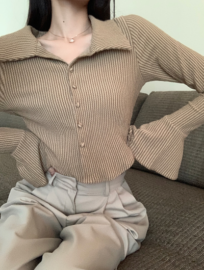 X308 Striped Long Sleeve Shirt Women Spring Slim Cropped Top