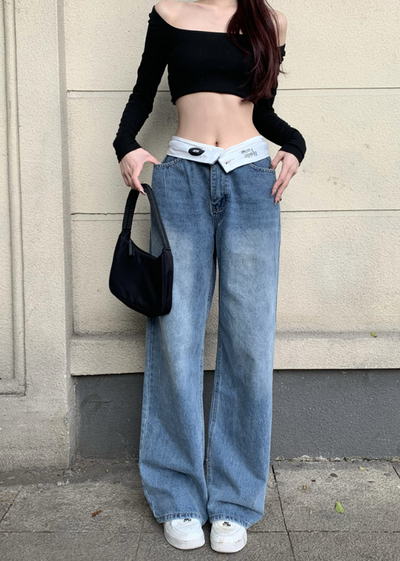 X357  rousers waist valgus design sense straight jeans women's new loose and thin wide-leg pants trousers trendy