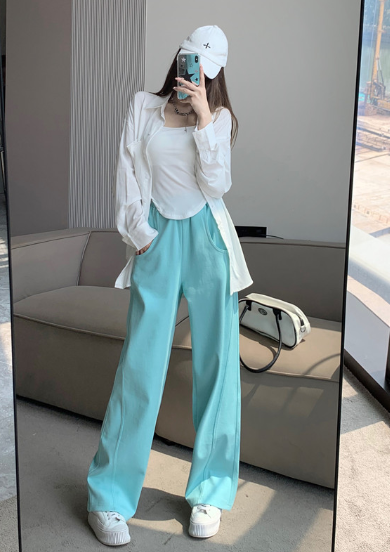 X418  summer letter embroidery short-sleeved round neck T-shirt + stitching oblique pocket high waist loose slim banana pants