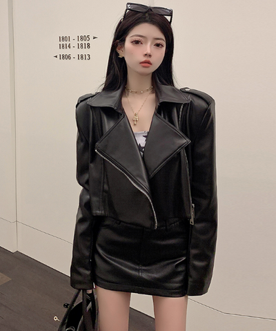 X382 celebrity motorcycle  style short leather clothes woman 2023 spring and autumn new top