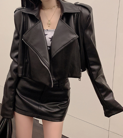 X382 celebrity motorcycle  style short leather clothes woman 2023 spring and autumn new top