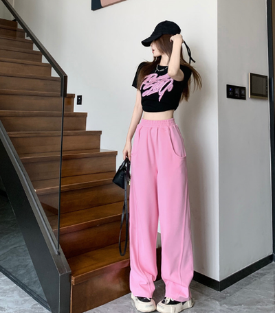 X418  summer letter embroidery short-sleeved round neck T-shirt + stitching oblique pocket high waist loose slim banana pants