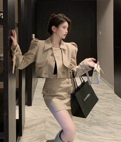X358  khaki  fashionable short  irregular skirt suit female