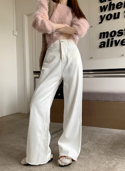 X311 white denim wide-leg pants with raw edges mopping pants