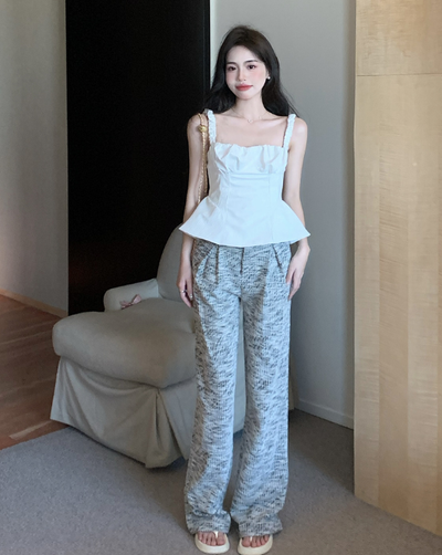 X331  white moonlight babes white pleated camisole top +  medium high waist wide leg straight pants