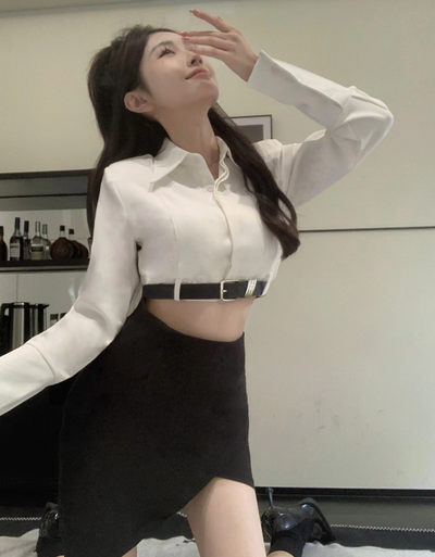 X273 white shirt shoulder pads long-sleeved shirt top + irregular  black skirt
