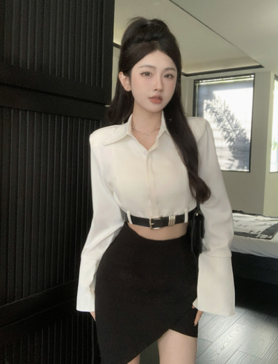 X273 white shirt shoulder pads long-sleeved shirt top + irregular  black skirt