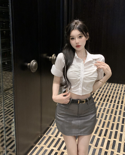 X564 shirt women's fold design slim top + JK suit skirt
