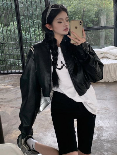 X477 short black stand collar leather jacket jacket female