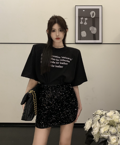 X337  spring lazy style letter print loose wide version gallery padded shoulder mid-length short sleeve T-shirt top trendy