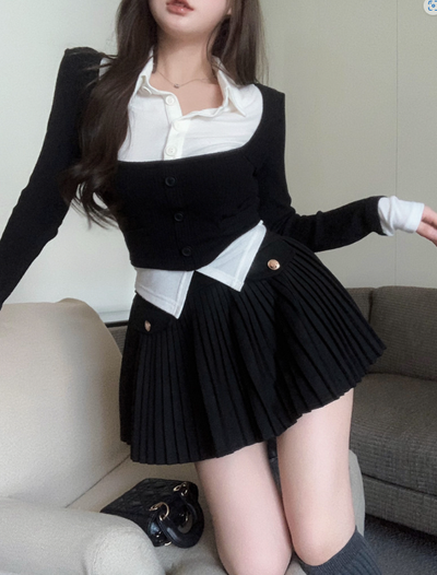 X113 New long-sleeved T-shirt + pleated A-line skirt