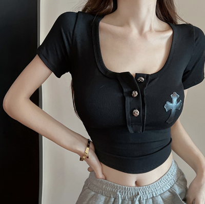 X338 U-neck button slimming cross short-sleeved T-shirt for women