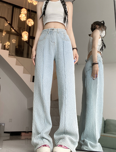 X339 Light blue high-waisted  jeans women's summer loose design sense niche patchwork top-line straight long pants