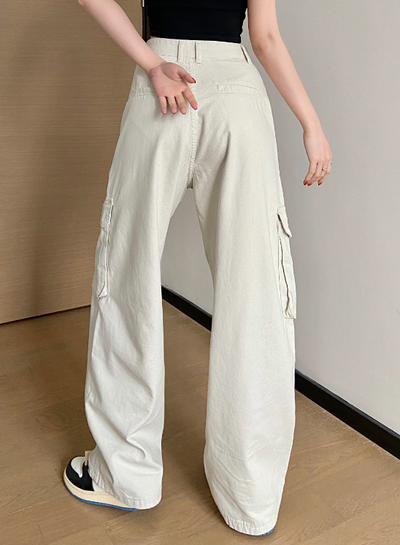 X369 จุดหลวมเอวสูงของผู้หญิงหลวม bf ตรงกางเกงขากว้างแบบสบาย ๆ สีขาวกระเป๋าขนาดใหญ่